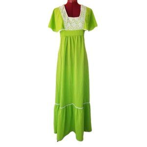 Vintage 60s 70s Lime Green Lace Crochet Butterfly Sleeve Maxi Dress 6